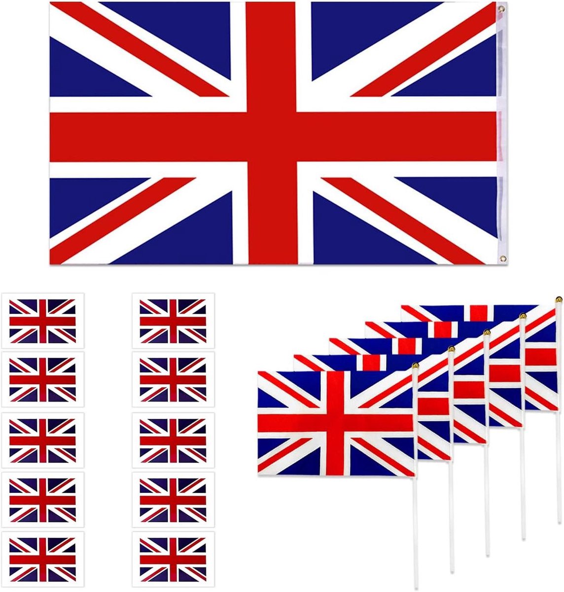 ByShane - Union Jack Handvlaggen Set van 16 Stuks & Tattoo Stickers | Britse Koninklijke Decoratie - Jubileum 2022 Feestaccessoires